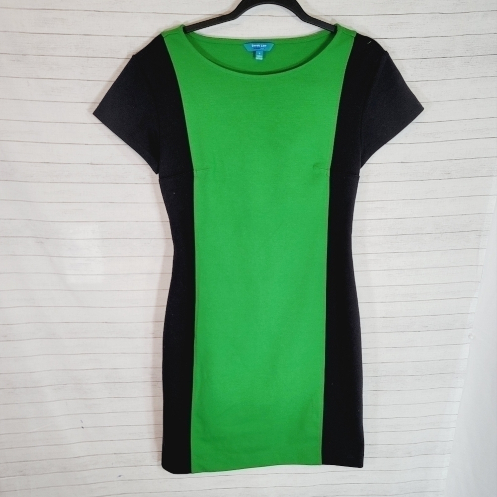 DEREK LAM GREEN & BLACK COLORBLOCK SHEATH DRESS, SZ SMALL